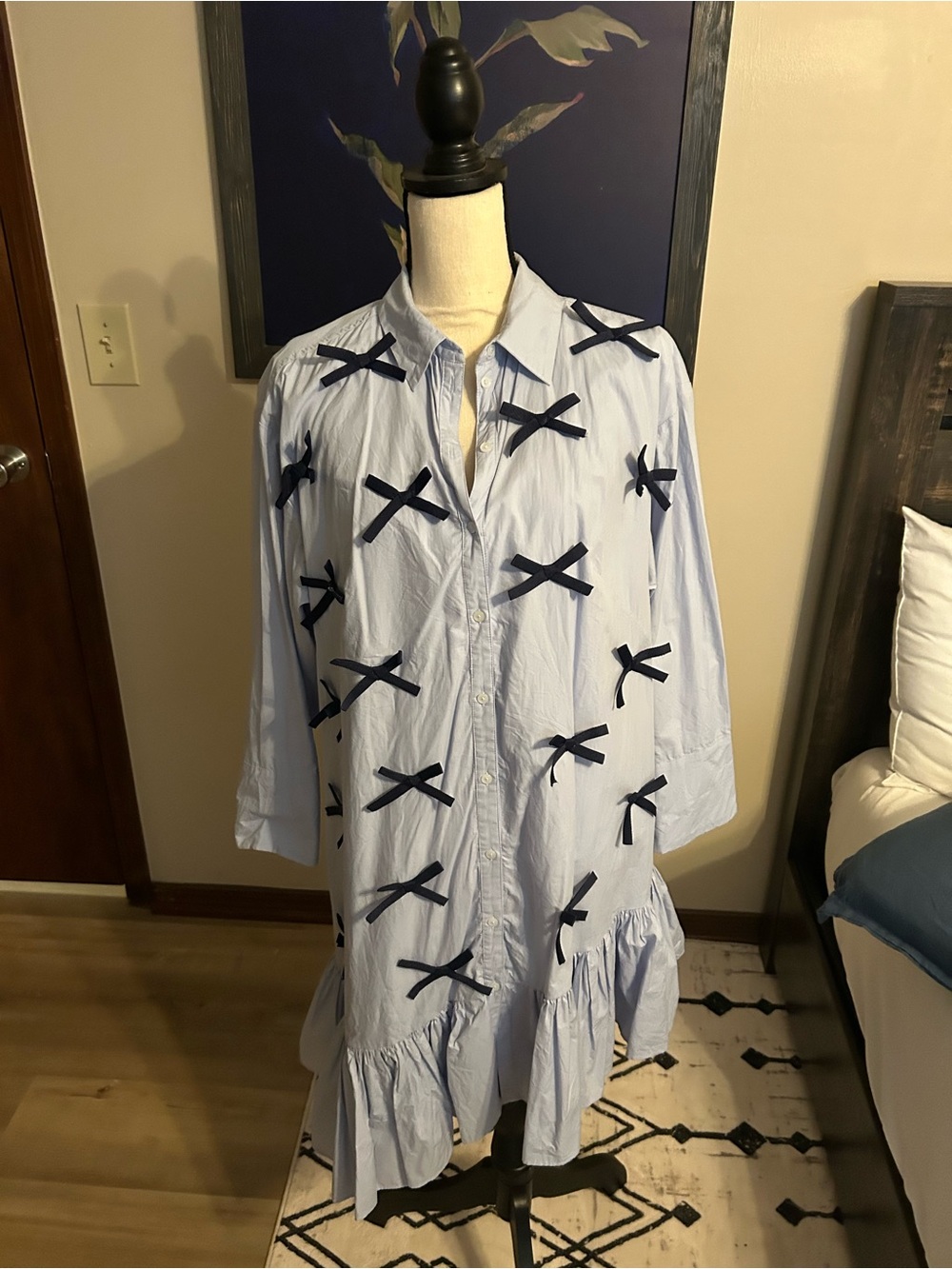 Maeve Light Blue Asymmetrical Shirt Dress with Navy Bow Accents